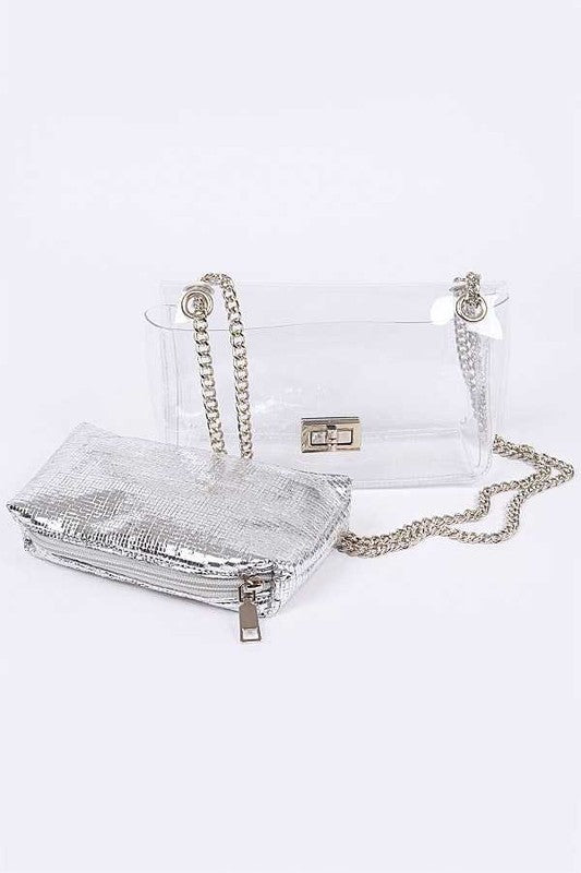 2 In 1 Metallic Pouch Clear Shoulder Bag | Modern Boutique Fashion