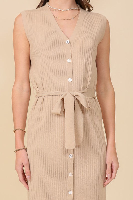 V NECK SLEEVELESS KNEE LENGTH DRESS WITH WAIST TIE