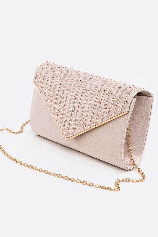 Crystal Pave Pleated Satin Clutch Bag | Modern Boutique Fashion