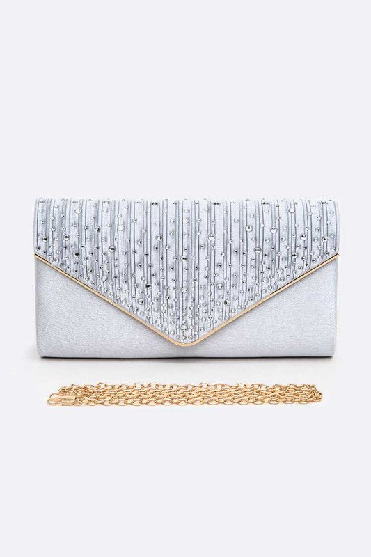 Crystal Pave Pleated Satin Clutch Bag | Modern Boutique Fashion