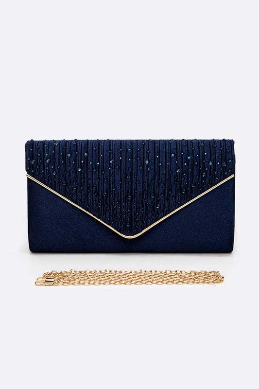 Crystal Pave Pleated Satin Clutch Bag | Modern Boutique Fashion