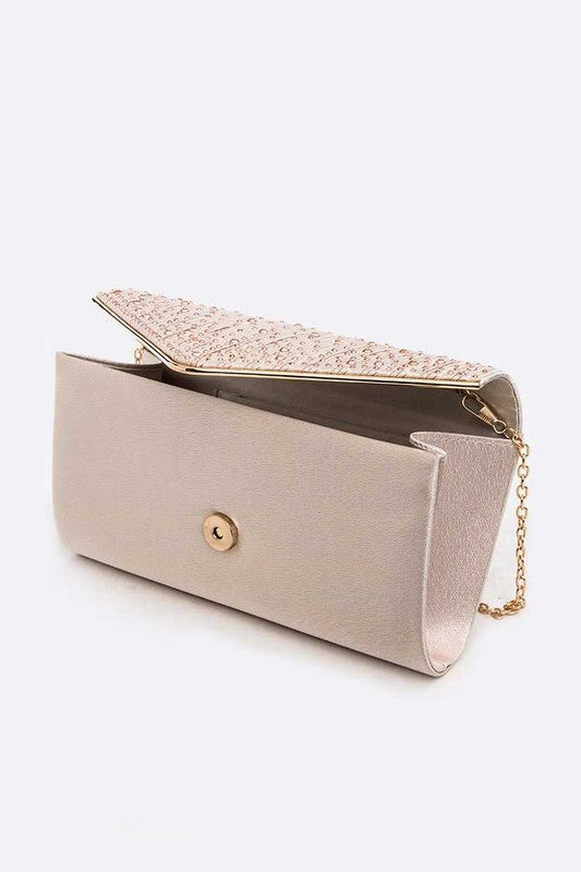 Crystal Pave Pleated Satin Clutch Bag | Modern Boutique Fashion