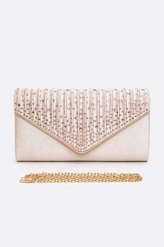 Crystal Pave Pleated Satin Clutch Bag | Modern Boutique Fashion