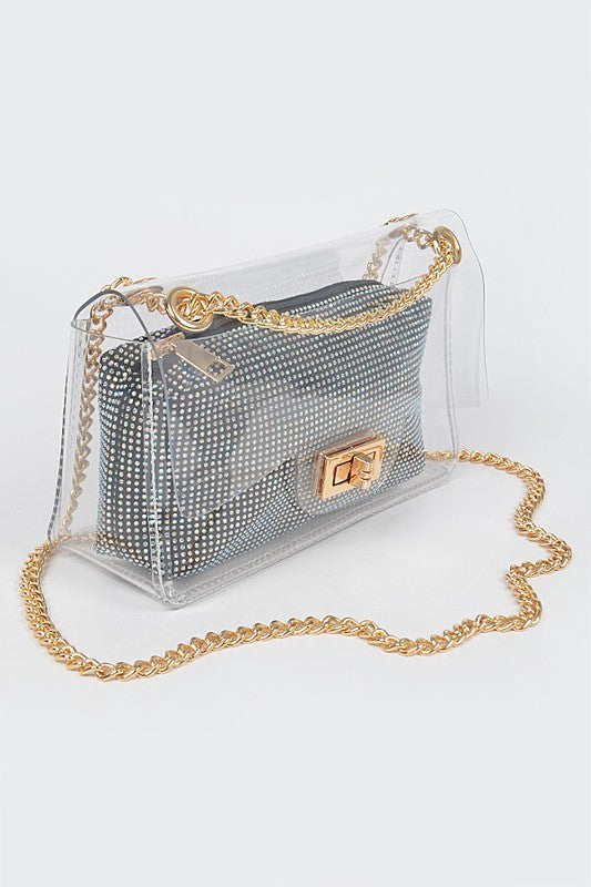 2 In 1 Rhinestone Pouch Clear Shoulder Stadium Bag