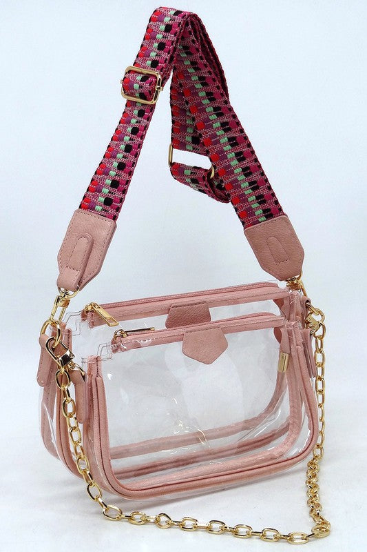 See Thru Clear 2-In-1 Crossbody Bag Guitar Strap | Modern Boutique Fashion