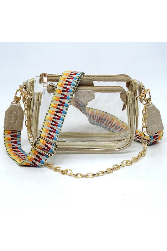 See Thru Clear 2-In-1 Crossbody Bag Guitar Strap | Modern Boutique Fashion