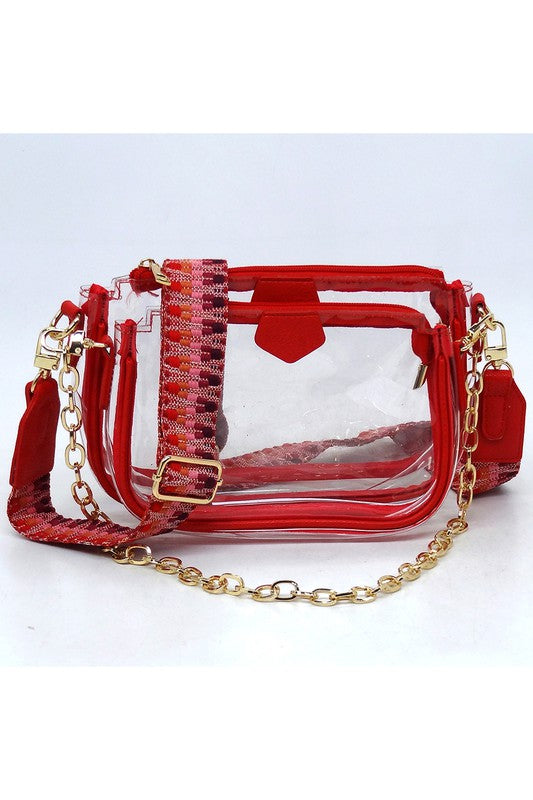 See Thru Clear 2-In-1 Crossbody Bag Guitar Strap | Modern Boutique Fashion