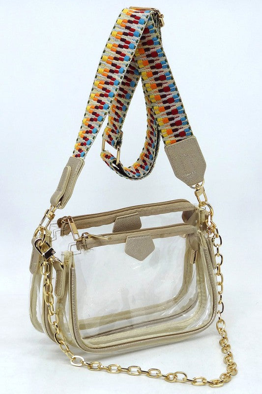 See Thru Clear 2-In-1 Crossbody Bag Guitar Strap | Modern Boutique Fashion