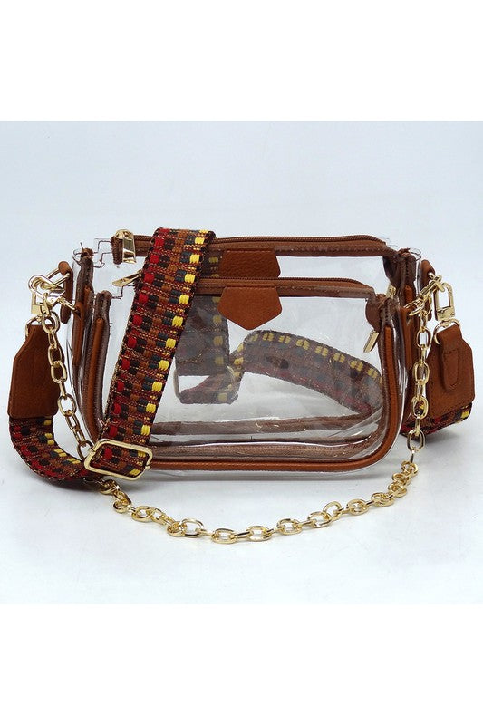See Thru Clear 2-In-1 Crossbody Bag Guitar Strap | Modern Boutique Fashion