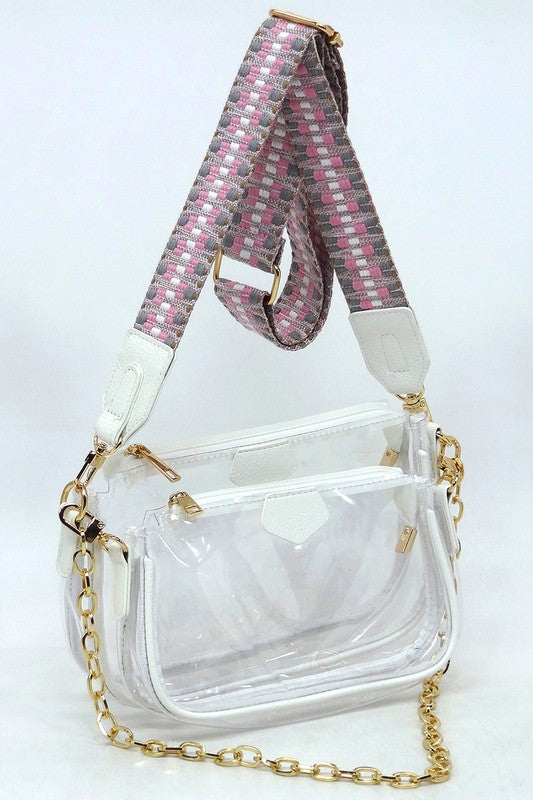 See Thru Clear 2-In-1 Crossbody Bag Guitar Strap | Modern Boutique Fashion