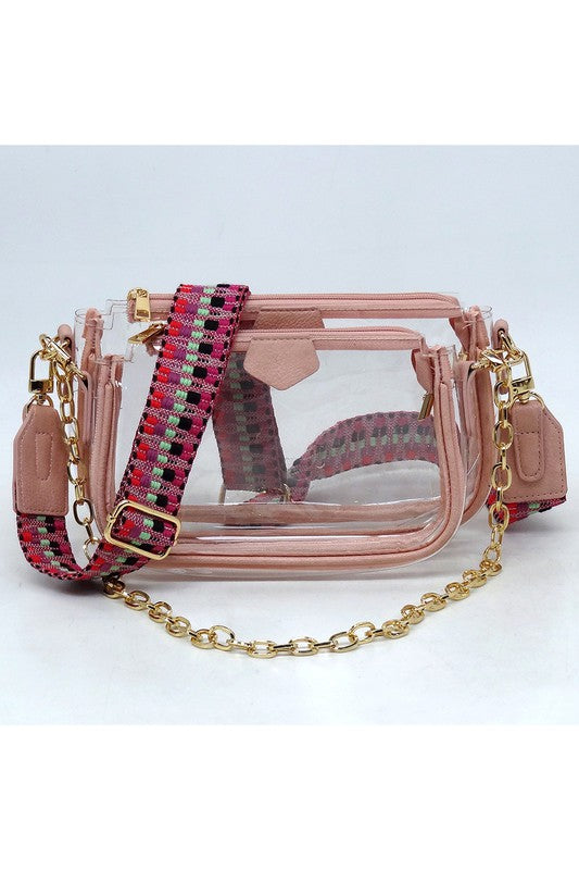 See Thru Clear 2-In-1 Crossbody Bag Guitar Strap | Modern Boutique Fashion