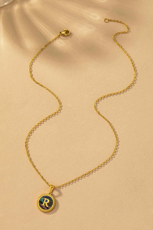 Brass Abalone Shell Inlay Initial Pendant Necklace
