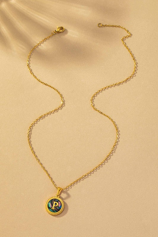Brass Abalone Shell Inlay Initial Pendant Necklace