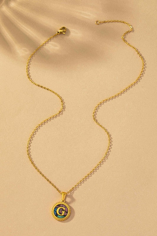 Brass Abalone Shell Inlay Initial Pendant Necklace