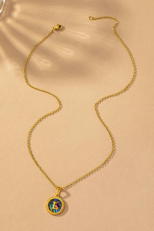 Brass Abalone Shell Inlay Initial Pendant Necklace