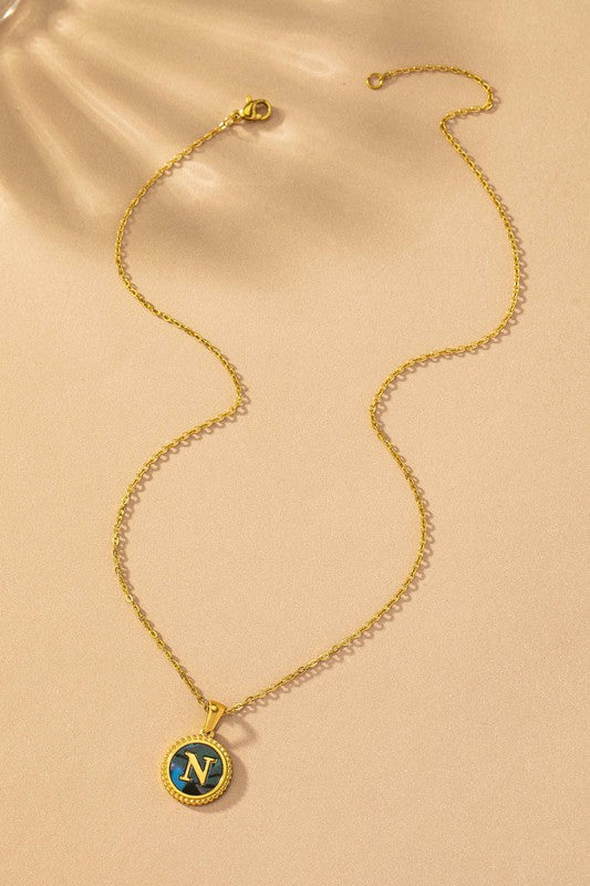Brass Abalone Shell Inlay Initial Pendant Necklace