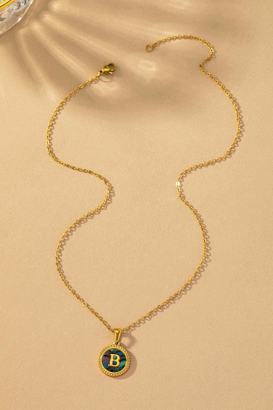 Brass Abalone Shell Inlay Initial Pendant Necklace