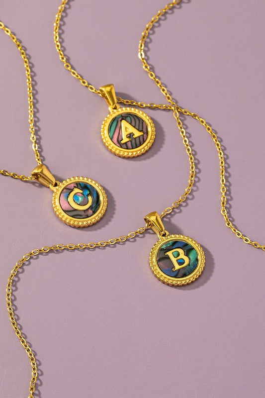 Brass Abalone Shell Inlay Initial Pendant Necklace