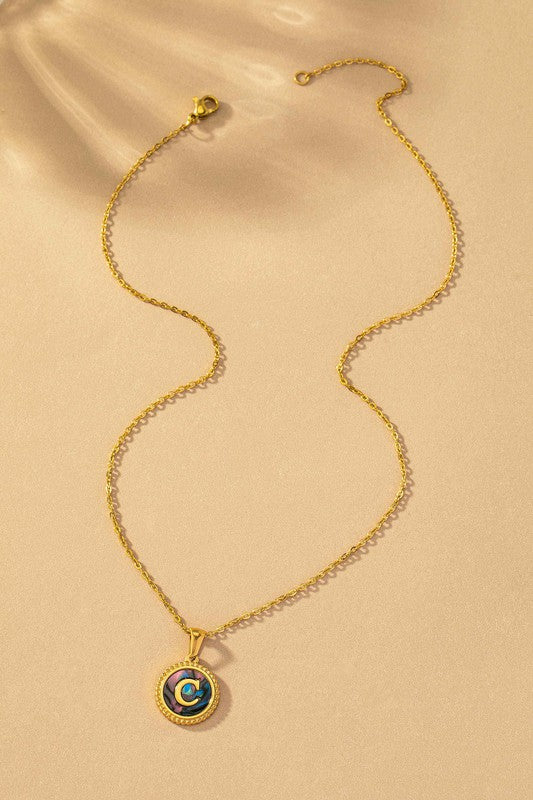 Brass Abalone Shell Inlay Initial Pendant Necklace