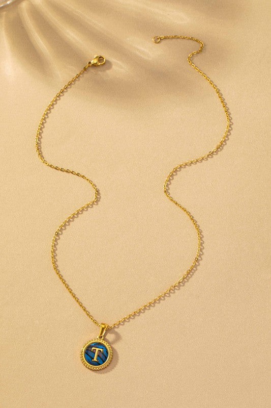Brass Abalone Shell Inlay Initial Pendant Necklace