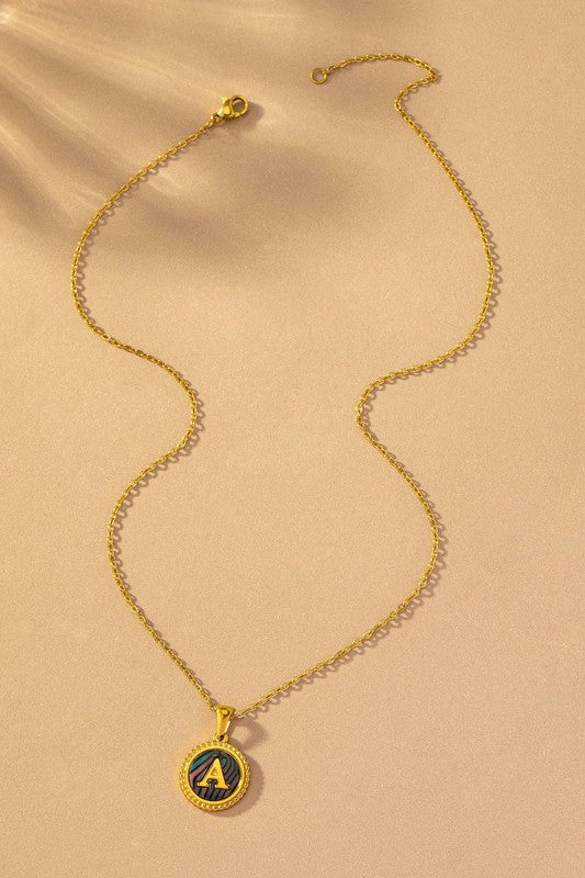 Brass Abalone Shell Inlay Initial Pendant Necklace