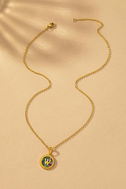 Brass Abalone Shell Inlay Initial Pendant Necklace