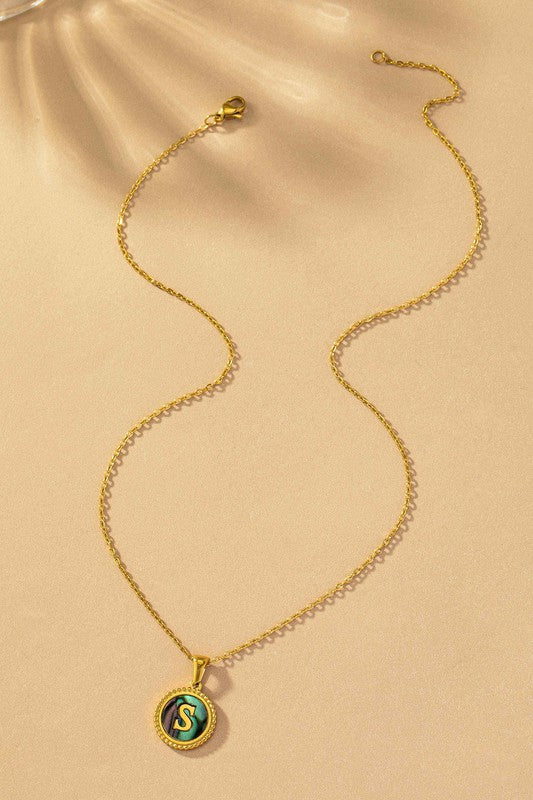 Brass Abalone Shell Inlay Initial Pendant Necklace
