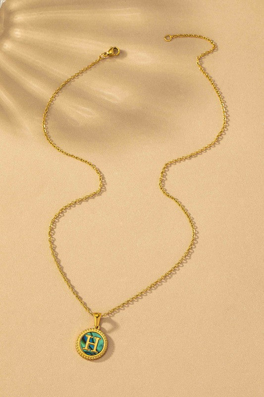 Brass Abalone Shell Inlay Initial Pendant Necklace