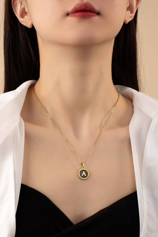 Brass Abalone Shell Inlay Initial Pendant Necklace