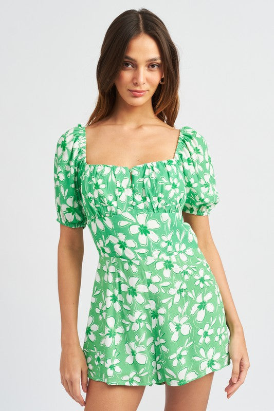 Bubble Sleeve Floral Romper With Cut Out | Modern Boutique Fashion