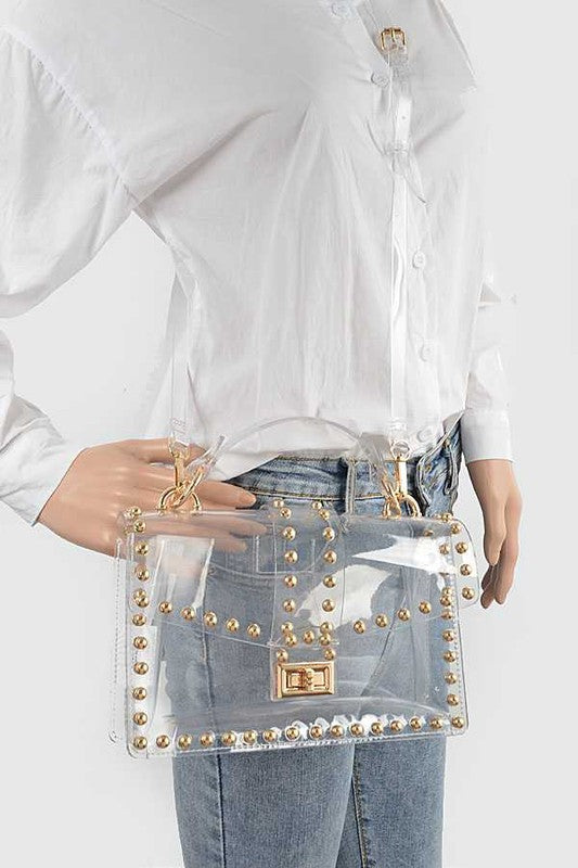Studded Clear Top Handle Crossbody Stadium Bag