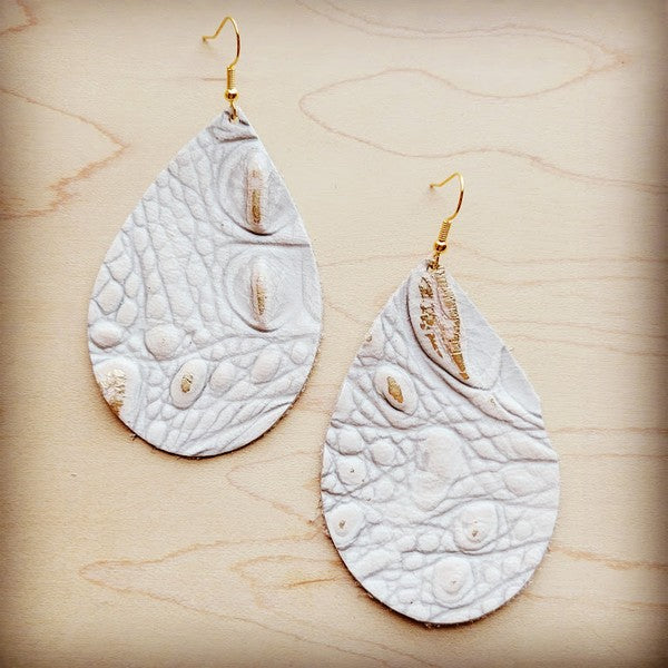 Leather Teardrop Earring-White And Gold Gator | Modern Boutique Fashion