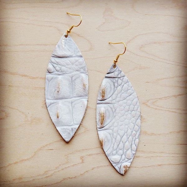 Narrow Leather Oval Earrings-White And Gold Gator | Modern Boutique Fashion