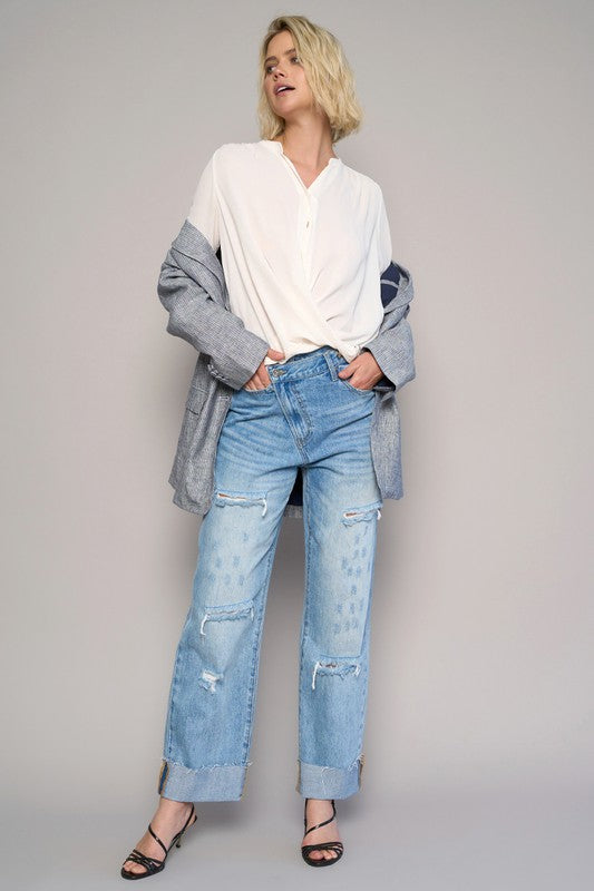 High Waist Crossover Ripped Straight Jeans | Modern Boutique Fashion
