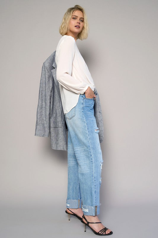 High Waist Crossover Ripped Straight Jeans | Modern Boutique Fashion