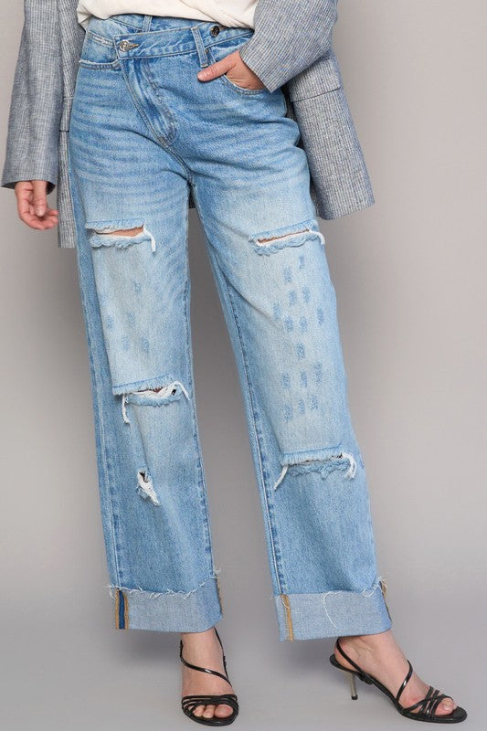 High Waist Crossover Ripped Straight Jeans | Modern Boutique Fashion