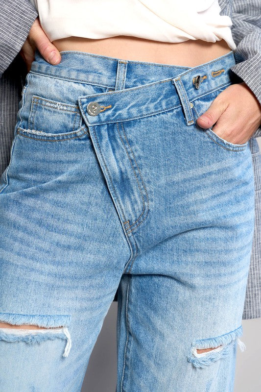 High Waist Crossover Ripped Straight Jeans | Modern Boutique Fashion