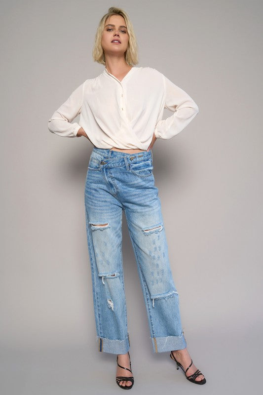 High Waist Crossover Ripped Straight Jeans | Modern Boutique Fashion
