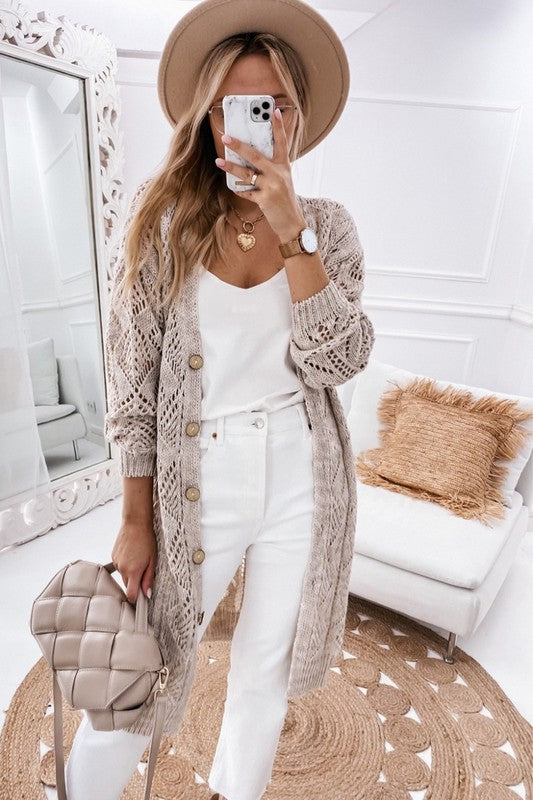 Eyelet Sweater Button Cream Black Pink Cardigan | Modern Boutique Fashion