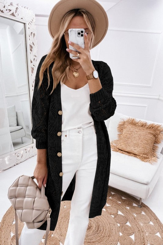 Eyelet Sweater Button Cream Black Pink Cardigan | Modern Boutique Fashion