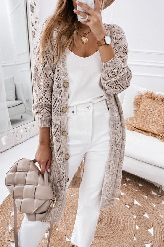 Eyelet Sweater Button Cream Black Pink Cardigan | Modern Boutique Fashion