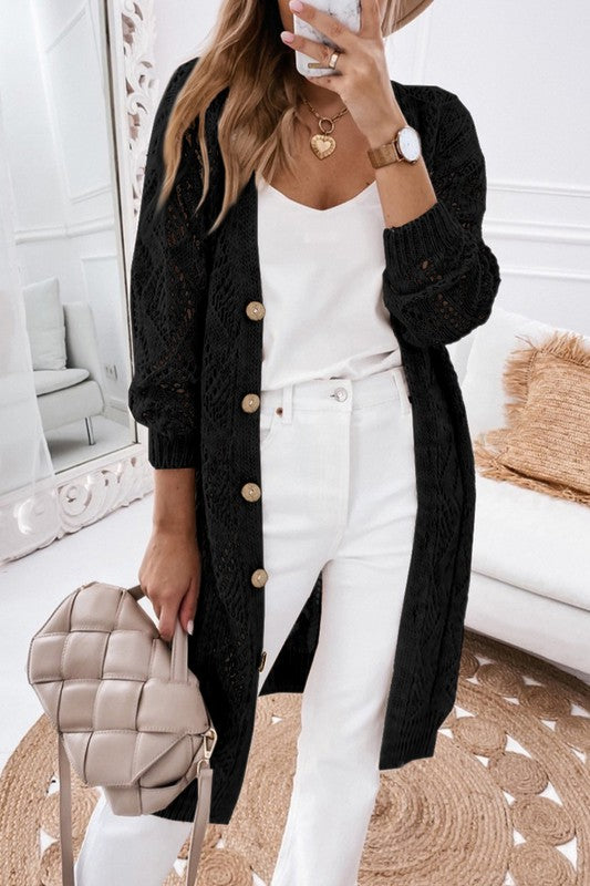 Eyelet Sweater Button Cream Black Pink Cardigan | Modern Boutique Fashion