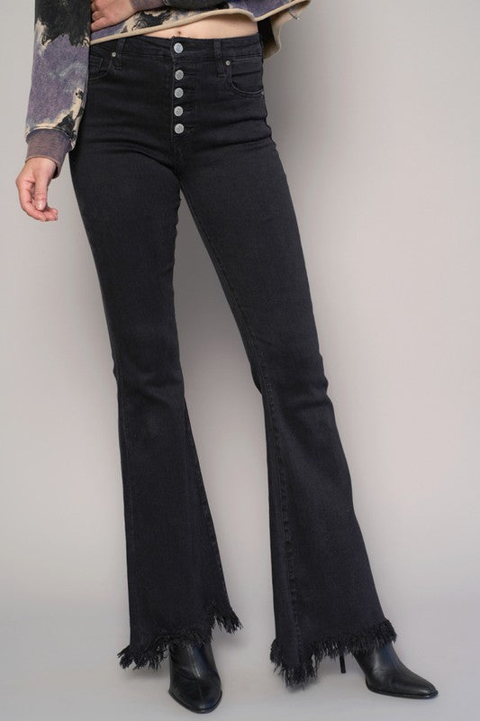 Button Fly Fray Hem Flare Jeans | Modern Boutique Fashion