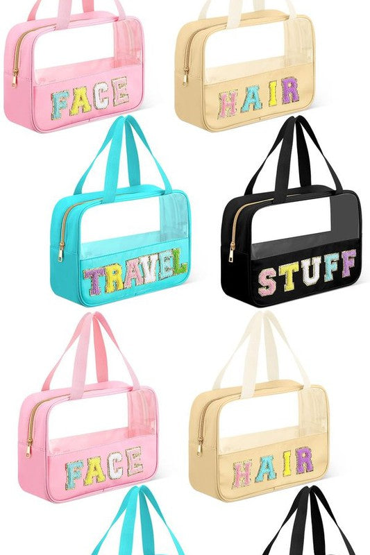 Chenille Letter Clear Travel Bag Luggage Makeup | Modern Boutique Fashion