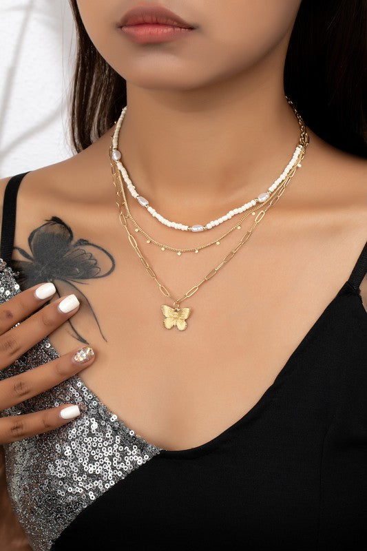 3 Row Seed Bead And Chain Necklace