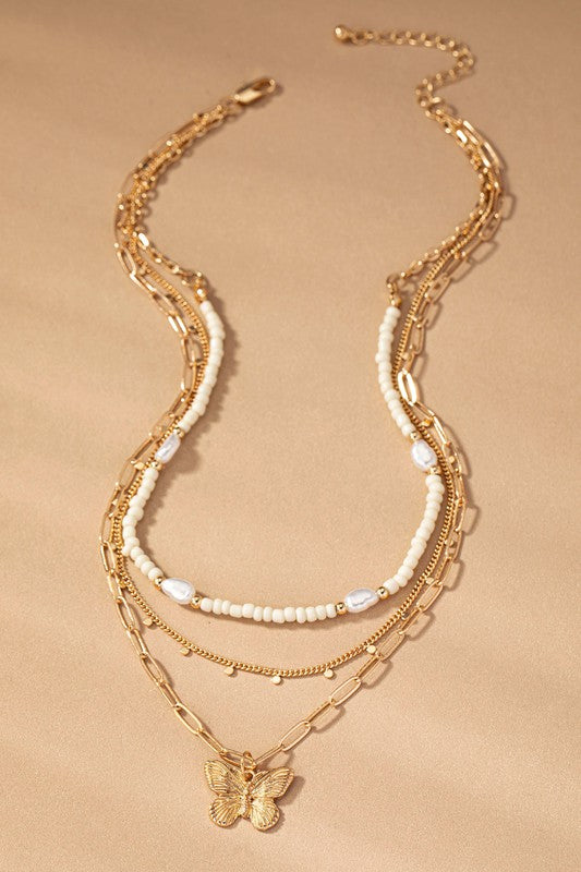 3 Row Seed Bead And Chain Necklace