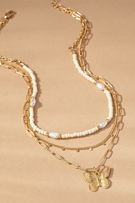 3 Row Seed Bead And Chain Necklace
