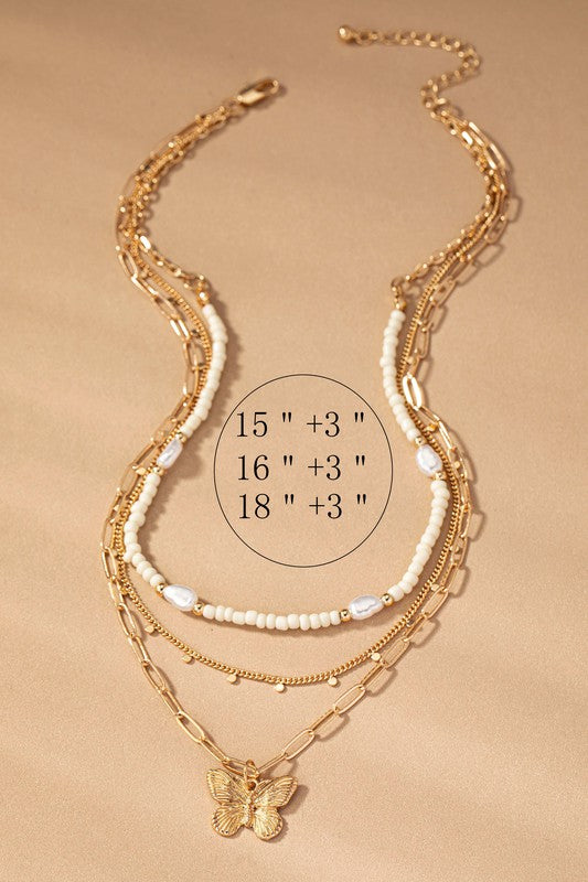 3 Row Seed Bead And Chain Necklace