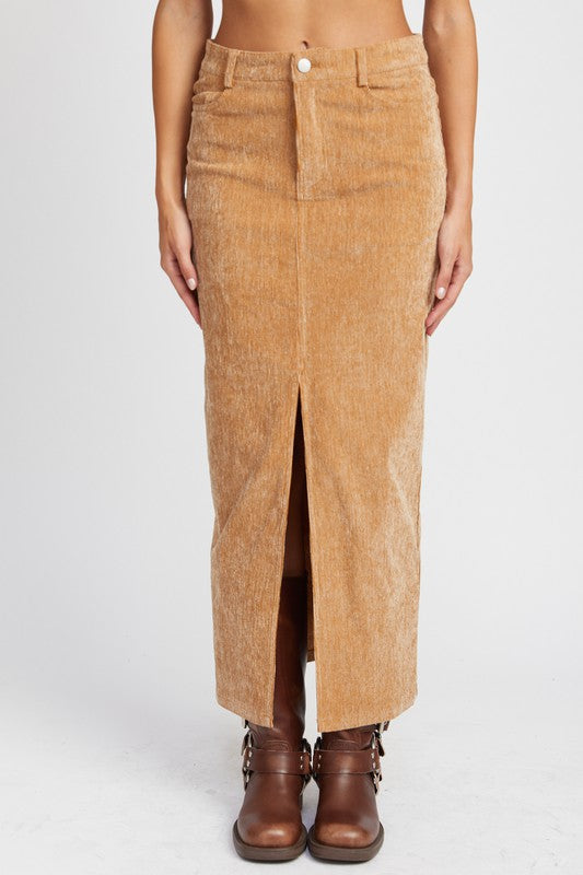 Corduroy Mid Skirt With Front Slit | Modern Boutique Fashion