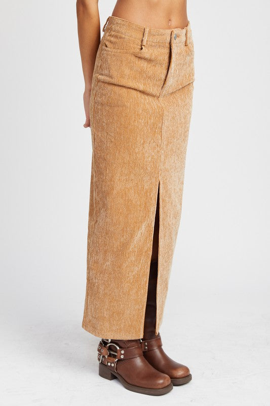 Corduroy Mid Skirt With Front Slit | Modern Boutique Fashion